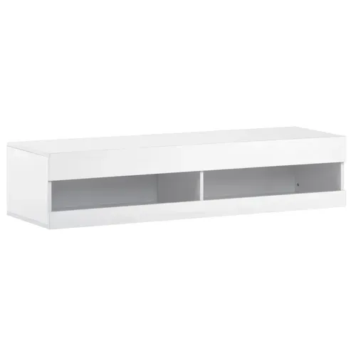 Meuble TV Suspendu Mural 140x40x30.5 Cm Blanc Avec LED, Ports USB Et Rangement Ouvert