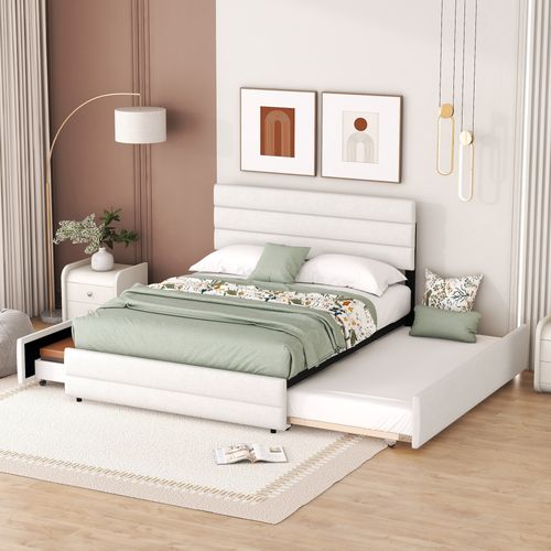 Lit Adulte 140x200 Avec Lit Gigogne Lin Beige Et 2 Tiroirs De Rangement