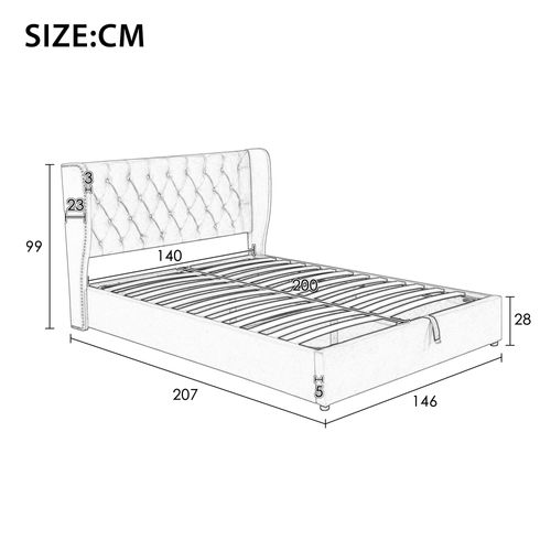 Lit Coffre Adulte 140x200 Cm Velours Beige Avec Rangement Hydraulique Et Sommier à Lattes