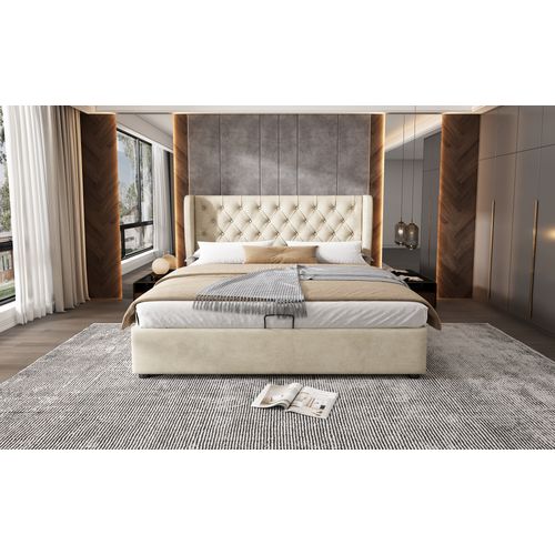 Lit Coffre Adulte 140x200 Cm Velours Beige Avec Rangement Hydraulique Et Sommier à Lattes