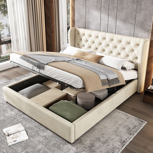 Lit Coffre Adulte 140x200 Cm Velours Beige Avec Rangement Hydraulique Et Sommier à Lattes