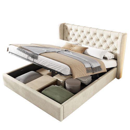 Lit Coffre Adulte 140x200 Cm Velours Beige Avec Rangement Hydraulique Et Sommier à Lattes