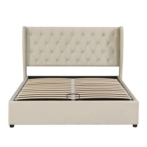 Lit Coffre Adulte 140x200 Cm Velours Beige Avec Rangement Hydraulique Et Sommier à Lattes