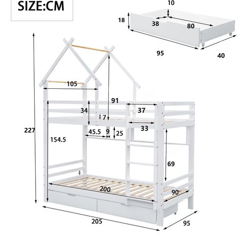 Lit Superposé Enfant 90x200 Cm Pin Blanc Avec 2 Tiroirs Et Étagères, Sommier à Lattes