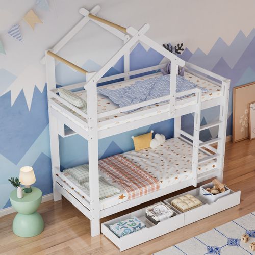 Lit Superposé Enfant 90x200 Cm Pin Blanc Avec 2 Tiroirs Et Étagères, Sommier à Lattes