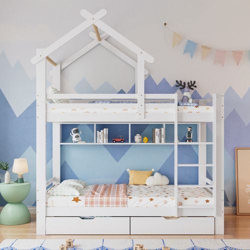 Lit Superposé Enfant 90x200 Cm Pin Blanc Avec 2 Tiroirs Et Étagères, Sommier à Lattes