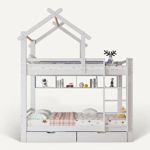 Lit Superposé Enfant 90x200 Cm Pin Blanc Avec 2 Tiroirs Et Étagères, Sommier à Lattes