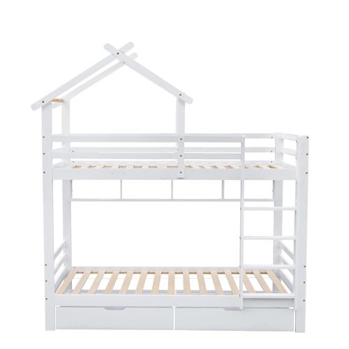 Lit Superposé Enfant 90x200 Cm Pin Blanc Avec 2 Tiroirs Et Étagères, Sommier à Lattes