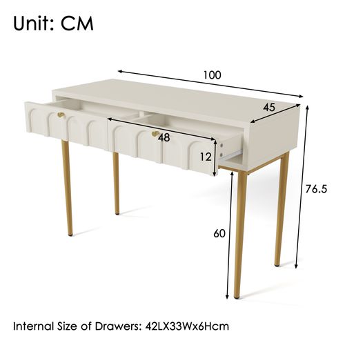 Coiffeuse, Bureau Chambre Avec 2 Tiroirs, Bois Crème Et Pieds Métal