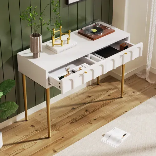 Coiffeuse, Bureau Chambre Avec 2 Tiroirs, Bois Crème Et Pieds Métal
