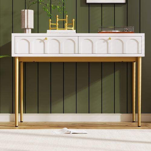 Coiffeuse, Bureau Chambre Avec 2 Tiroirs, Bois Crème Et Pieds Métal
