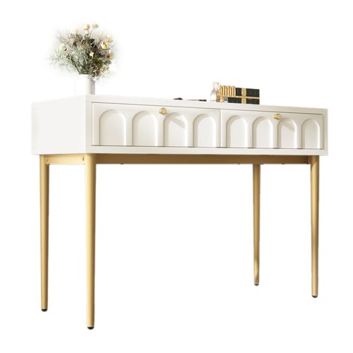 Coiffeuse, Bureau Chambre Avec 2 Tiroirs, Bois Crème Et Pieds Métal