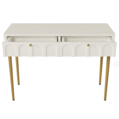 Coiffeuse, Bureau Chambre Avec 2 Tiroirs, Bois Crème Et Pieds Métal