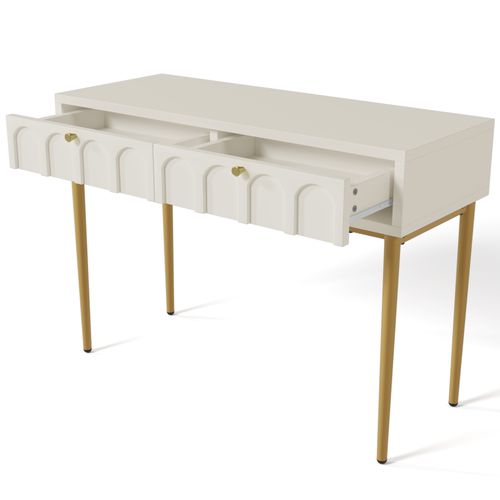 Coiffeuse, Bureau Chambre Avec 2 Tiroirs, Bois Crème Et Pieds Métal