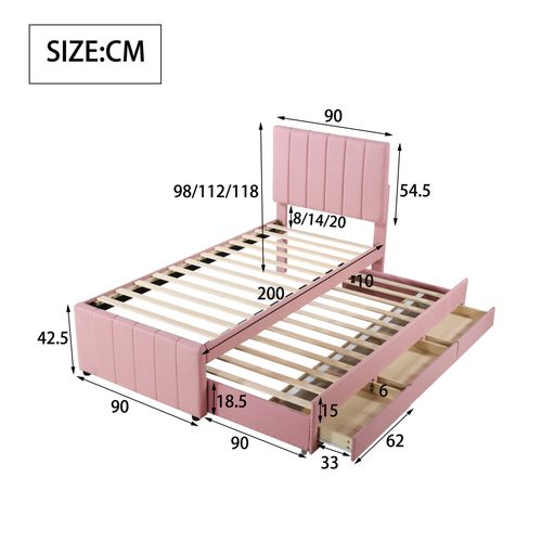 Lit Enfant Gigogne 90x200 Cm Avec 3 Tiroirs Tissu Lin Et Coton Rose, Sommiers à Lattes Et Rangement