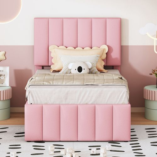 Lit Enfant Gigogne 90x200 Cm Avec 3 Tiroirs Tissu Lin Et Coton Rose, Sommiers à Lattes Et Rangement