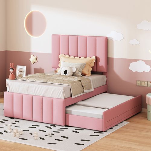 Lit Enfant Gigogne 90x200 Cm Avec 3 Tiroirs Tissu Lin Et Coton Rose, Sommiers à Lattes Et Rangement