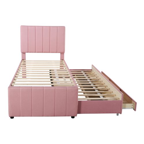 Lit Enfant Gigogne 90x200 Cm Avec 3 Tiroirs Tissu Lin Et Coton Rose, Sommiers à Lattes Et Rangement