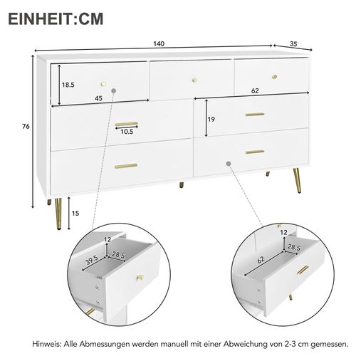 Buffet De Rangement Blanc L.140cm, Commode à 7 Tiroirs, Poignées Et Pieds Dorés, Salon/chambre