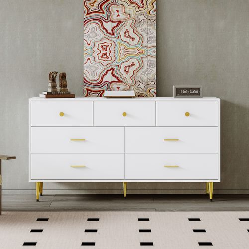 Buffet De Rangement Blanc L.140cm, Commode à 7 Tiroirs, Poignées Et Pieds Dorés, Salon/chambre
