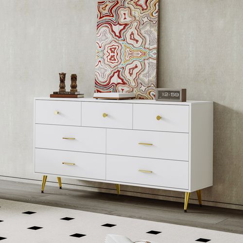 Buffet De Rangement Blanc L.140cm, Commode à 7 Tiroirs, Poignées Et Pieds Dorés, Salon/chambre