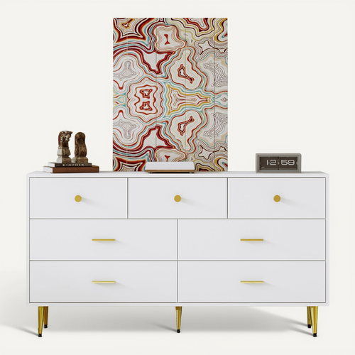 Buffet De Rangement Blanc L.140cm, Commode à 7 Tiroirs, Poignées Et Pieds Dorés, Salon/chambre