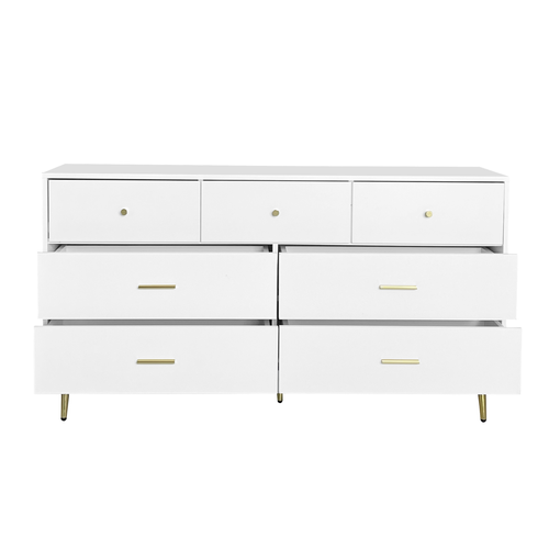 Buffet De Rangement Blanc L.140cm, Commode à 7 Tiroirs, Poignées Et Pieds Dorés, Salon/chambre