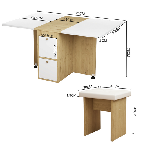 Table à Manger Pliante Et Extensible 120x80x75 Cm Avec 4 Chaises, Blanc Et Chêne