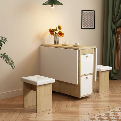 Table à Manger Pliante Et Extensible 120x80x75 Cm Avec 4 Chaises, Blanc Et Chêne