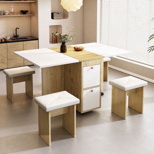 Table à Manger Pliante Et Extensible 120x80x75 Cm Avec 4 Chaises, Blanc Et Chêne