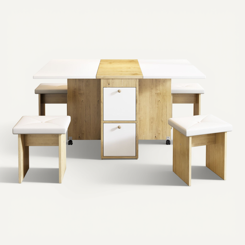 Table à Manger Pliante Et Extensible 120x80x75 Cm Avec 4 Chaises, Blanc Et Chêne