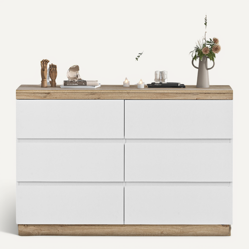 Commode 6 Tiroirs Avec Compartiment, Blanc Et Chêne, Style Classique