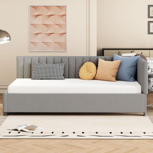 Lit Enfant 90x200 Cm Velours Gris Avec Sommier à Lattes Intégré