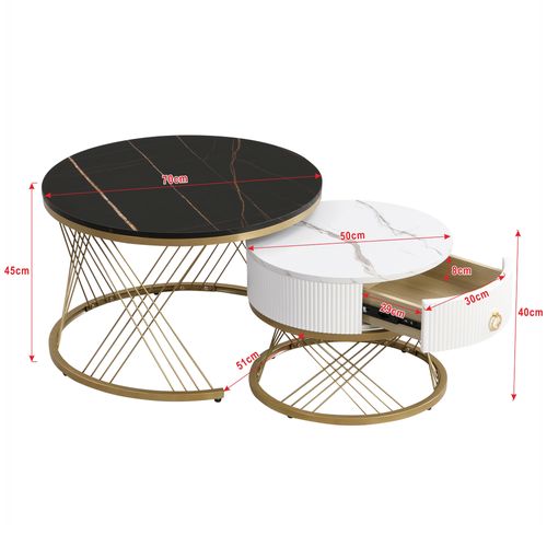 Tables Basses Gigognes Noire Et Blanche 70 Cm + 50 Cm 2 Pièces Effet Marbre Avec Tiroir, Métal Doré
