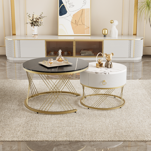 Tables Basses Gigognes Noire Et Blanche 70 Cm + 50 Cm 2 Pièces Effet Marbre Avec Tiroir, Métal Doré
