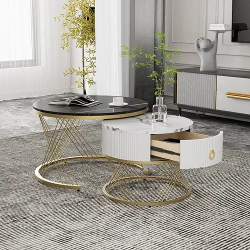 Tables Basses Gigognes Noire Et Blanche 70 Cm + 50 Cm 2 Pièces Effet Marbre Avec Tiroir, Métal Doré