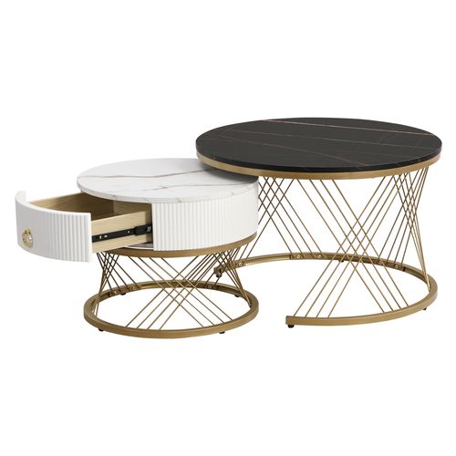 Tables Basses Gigognes Noire Et Blanche 70 Cm + 50 Cm 2 Pièces Effet Marbre Avec Tiroir, Métal Doré