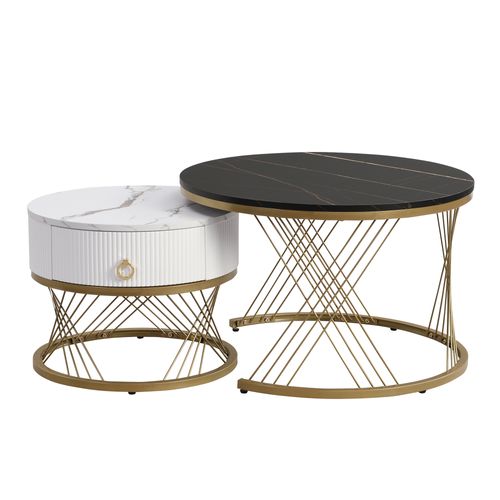 Tables Basses Gigognes Noire Et Blanche 70 Cm + 50 Cm 2 Pièces Effet Marbre Avec Tiroir, Métal Doré