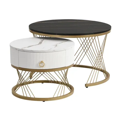 Tables Basses Gigognes Noire Et Blanche 70 Cm + 50 Cm 2 Pièces Effet Marbre Avec Tiroir, Métal Doré