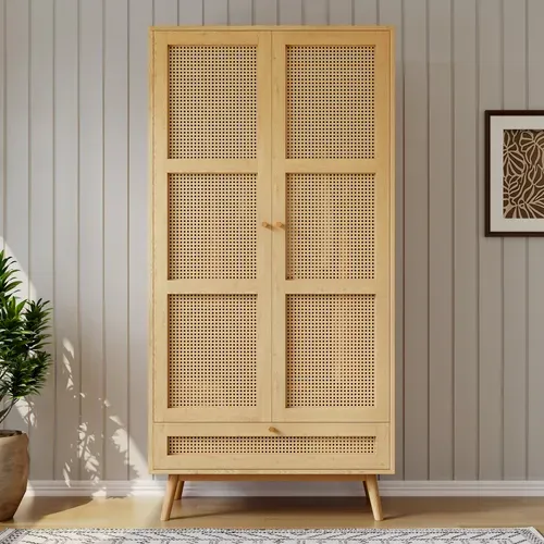 Armoire 2 Portes 90x45x183 Cm Bois Naturel Avec Rangements Et Poignées Métal, Chambre