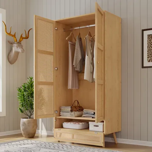 Armoire 2 Portes 90x45x183 Cm Bois Naturel Avec Rangements Et Poignées Métal, Chambre
