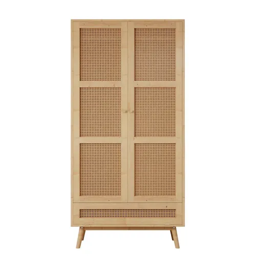 Armoire 2 Portes 90x45x183 Cm Bois Naturel Avec Rangements Et Poignées Métal, Chambre