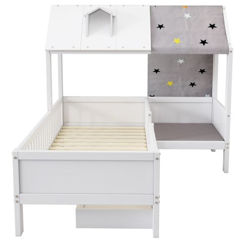Lit Cabane Enfant 90x200 Cm Bois Blanc Avec Rangements Et Sommier à Lattes