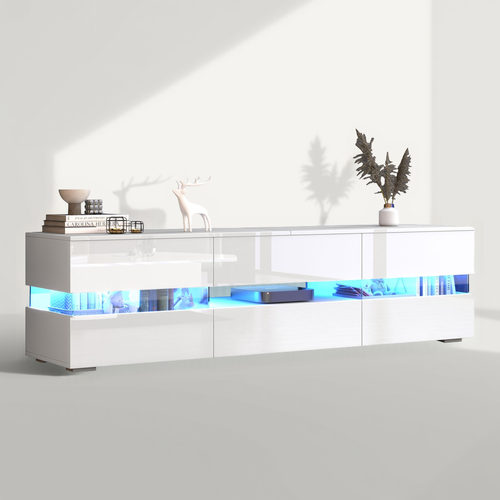 Meuble TV LED SIRHONA Blanc Laqué Brillant – Éclairage 16 Couleurs, Pieds Ou Mural, Rangement & Style Moderne