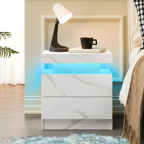 Table De Chevet LED Multicolore 2 Tiroirs Bois Blanc Mat