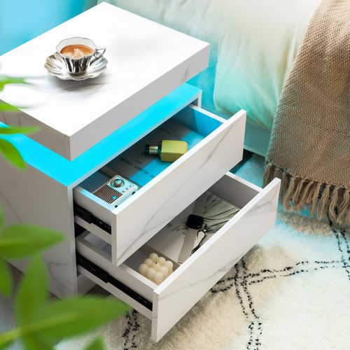 Table De Chevet LED Multicolore 2 Tiroirs Bois Blanc Mat