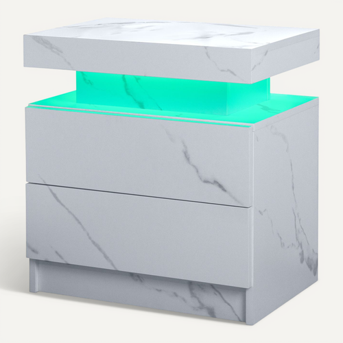Table De Chevet LED Multicolore 2 Tiroirs Bois Blanc Mat