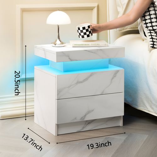 Table De Chevet LED Multicolore 2 Tiroirs Bois Blanc Mat