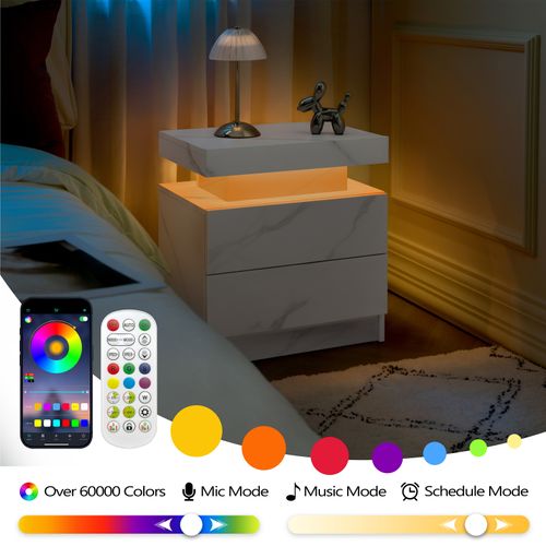 Table De Chevet LED Multicolore 2 Tiroirs Bois Blanc Mat
