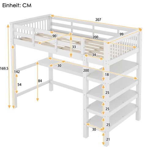 Lit Mezzanine Enfant 90x200 Avec Bureau Intégré Et Étagères, Pin Blanc